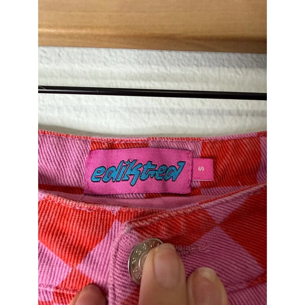 Edikted - Red and Pink Checkered Jeans 100% Cotton Dopamine Maximalist Size Sm